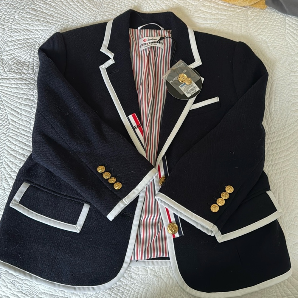 Neiman Marcus nautical wool blazer-midnight blue w/ striped satin lining (12/L)